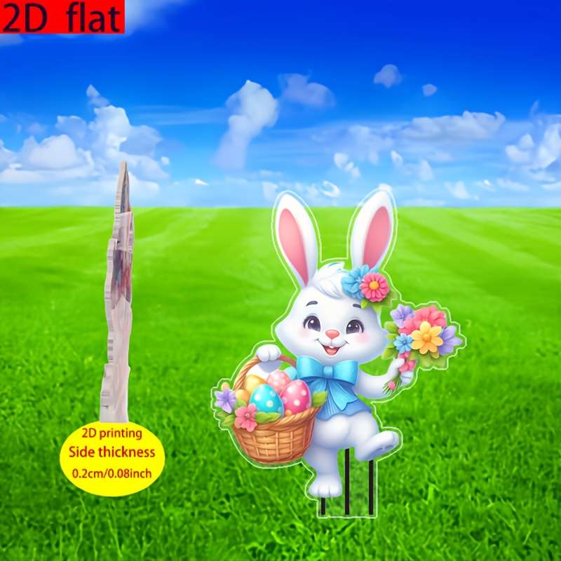 1pc 2D Flat   Bohemian Milk White Rabbit Garden Stake Vibrant Acrylic Outdoor Decor for Pa