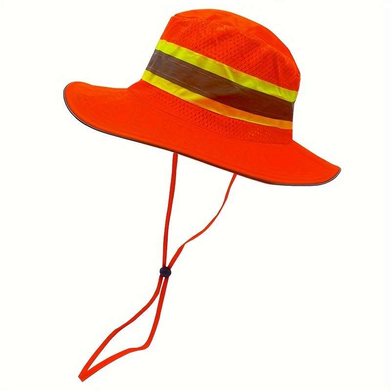 1pc Fluorescent Mesh Bucket Hat With Reflective Strips Windproof Rope Protection Lightweight Su