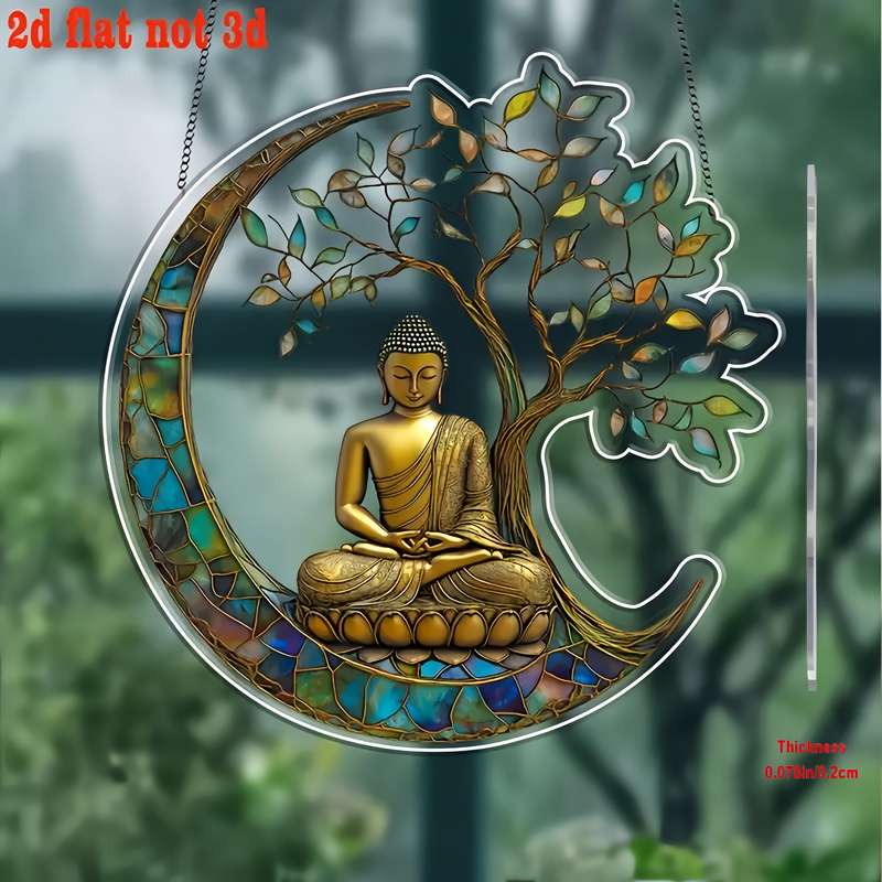1pc 2D Flat  Vintage Buddha Suncatcher  Acrylic Stained Glass Window Hanging Decor 19.99cm x 2