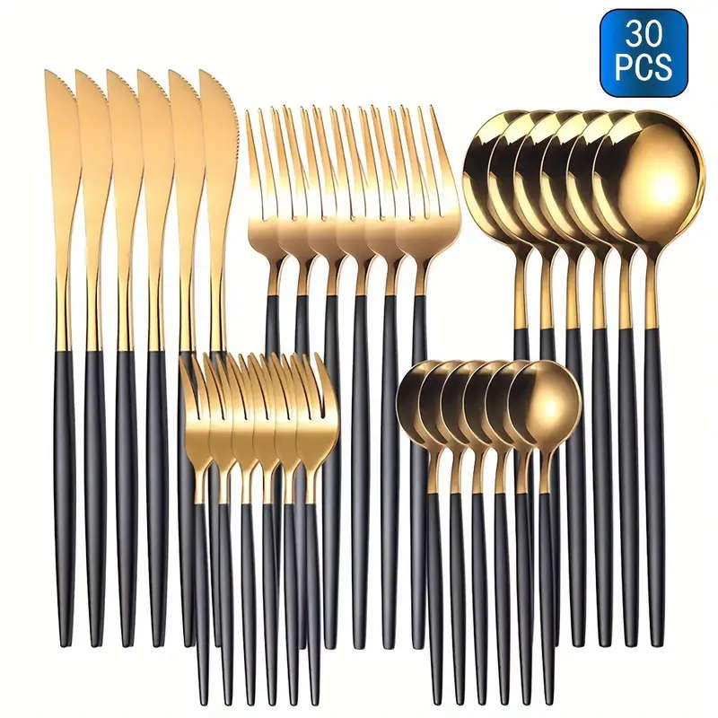 30pcs Stainless Steel Flatware Set Elegant Black Golden Cutlery Complete Silverware for Dining Inclu