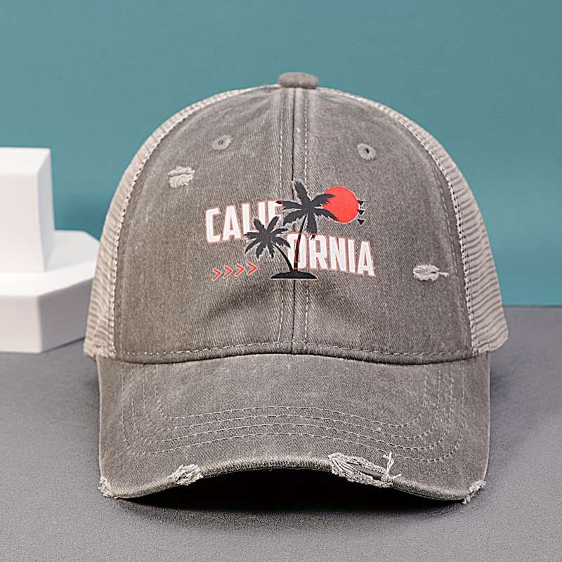 1pc California Beach Sunset Printed Cotton Baseball Cap with Mesh Back and Adjustable Snap Closure