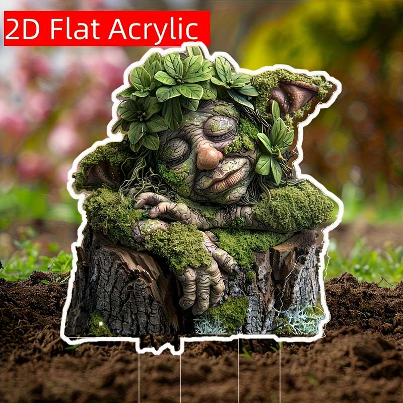 1pc 2D Flat   Acrylic Garden Stake Decoration Whimsical Tree Face Design with Mossy Bark Foli
