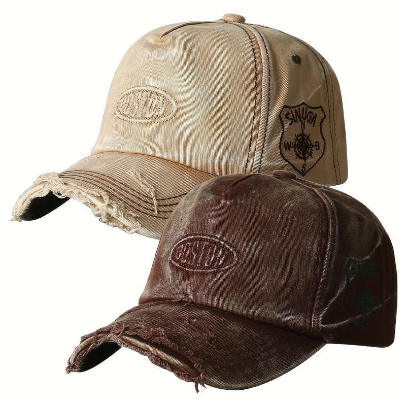 1pc Vintage Washed Denim Baseball Cap with "BOSTON" Embroidery Lightweight Soft Top Wide Brim