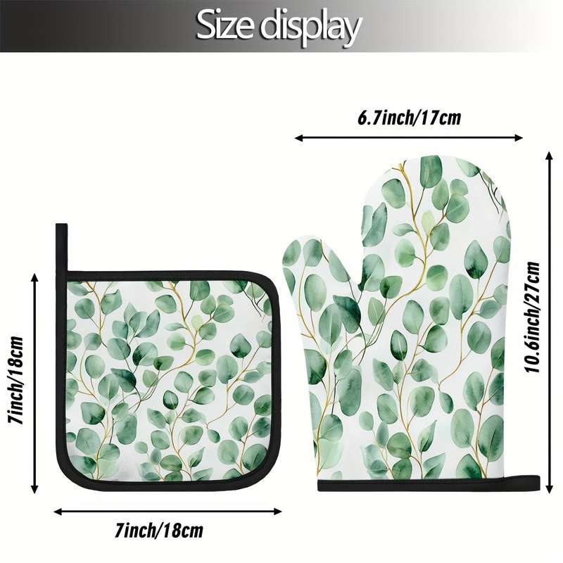 2pcs Green Eucalyptus Watercolor Leaves Pattern Oven Mitts and Pot Holders Sets