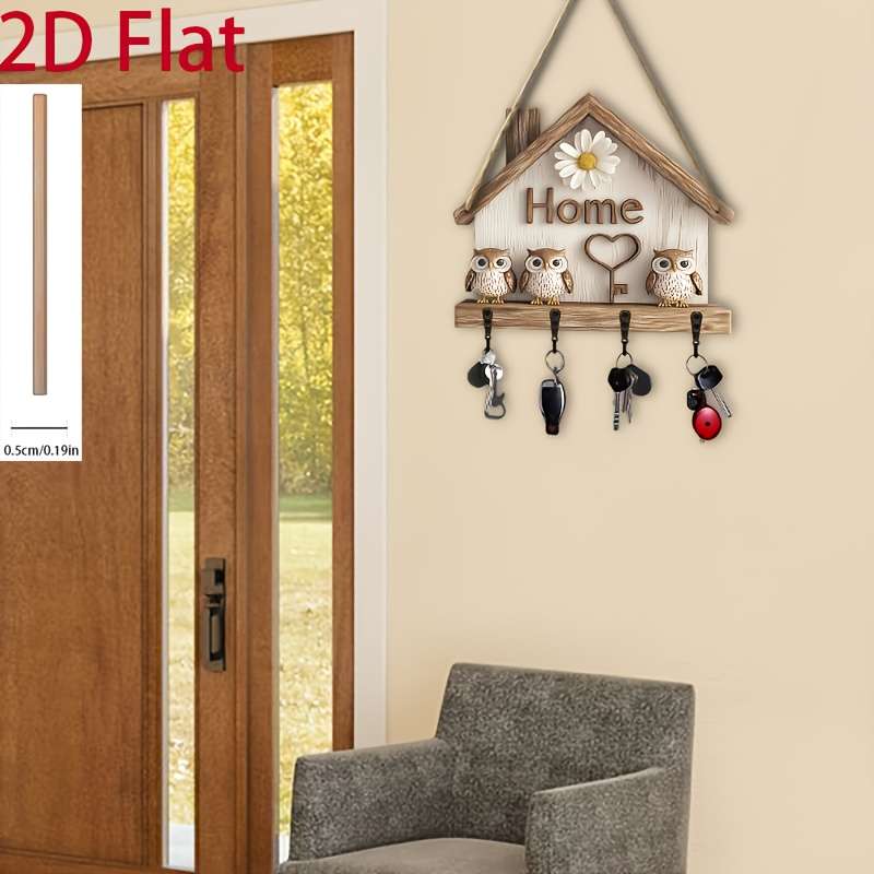 Charming Owl House Key Holder with 4 Metal Hooks Rustic Wooden Wall Decor for Home Porch or Vill