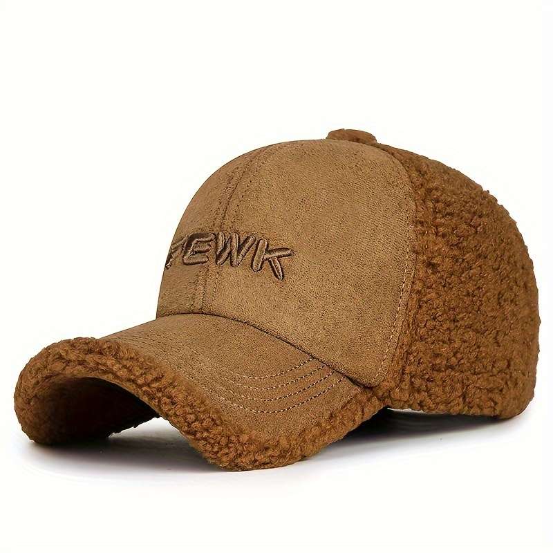 1pc FEWK Embroidered Fleece Baseball Cap Warm Cozy Brown Trucker Hat with Faux Leather Patc