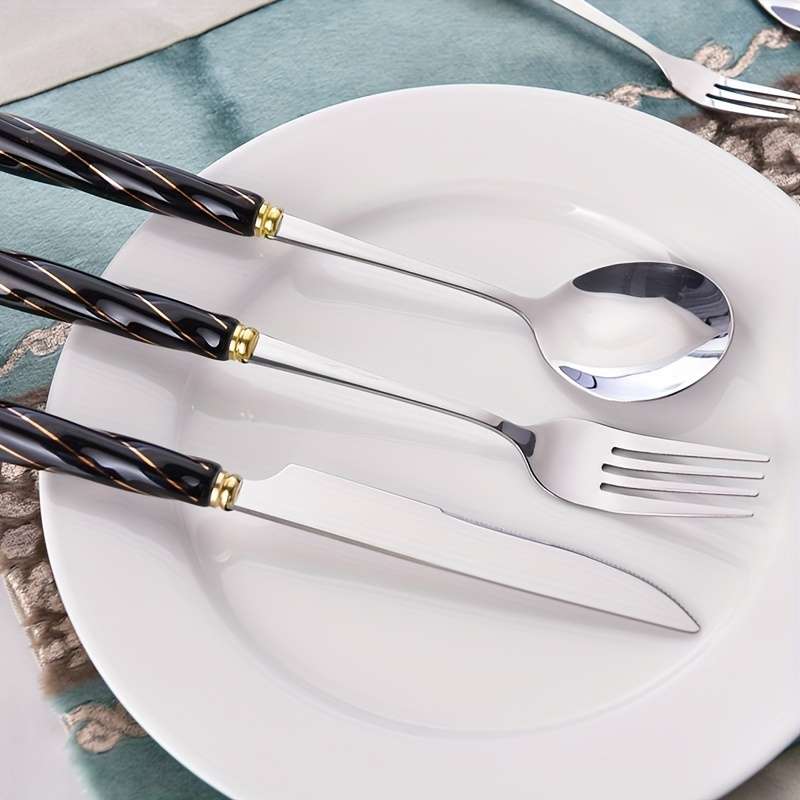 6pcs Western Knife Fork Spoon Stainless Steel Cutlery Set Black Threaded Ceramic Handle Stea