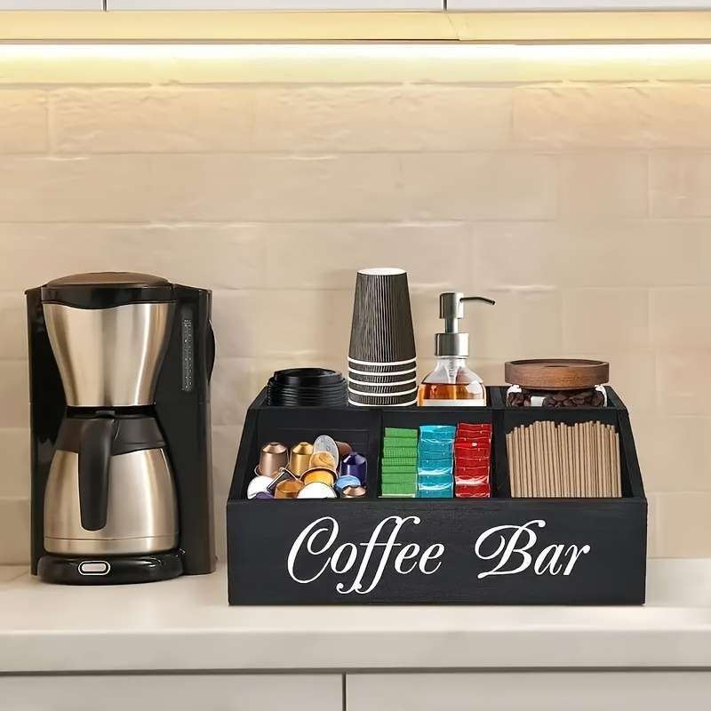 1pc Classic Wooden Coffee Bar Organizer Box Multi-Compartment Storage for Coffee Accessories