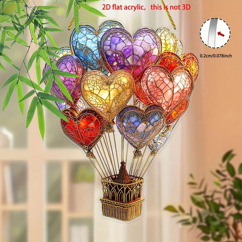 1pc 2D Flat   Elegant Heart-Shaped Hot Air Balloon Acrylic Sun Catcher  Stained Glass Style