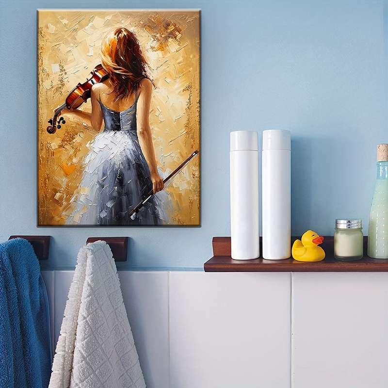 1pc  Elegant Violinist Art Print Music-Themed Wrapped Canvas Frame with Pine Wood Back View W