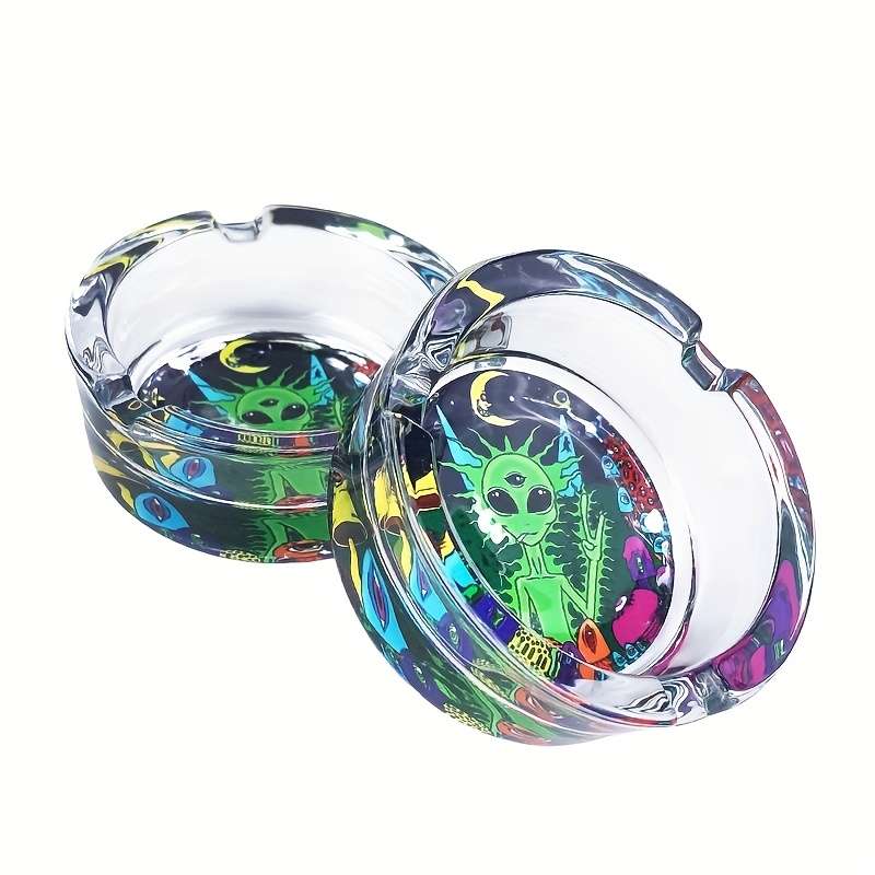 1pc Whimsical Alien Mushroom Design Glass Ashtray Round Colorful Cartoon Pattern for Home Deco