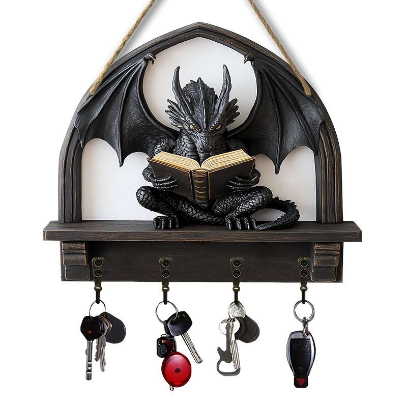 1pc Dragon-Shaped Wooden Key Holder with 4 Metal Hooks Easy Wall Mount Space-Saving Organizer for