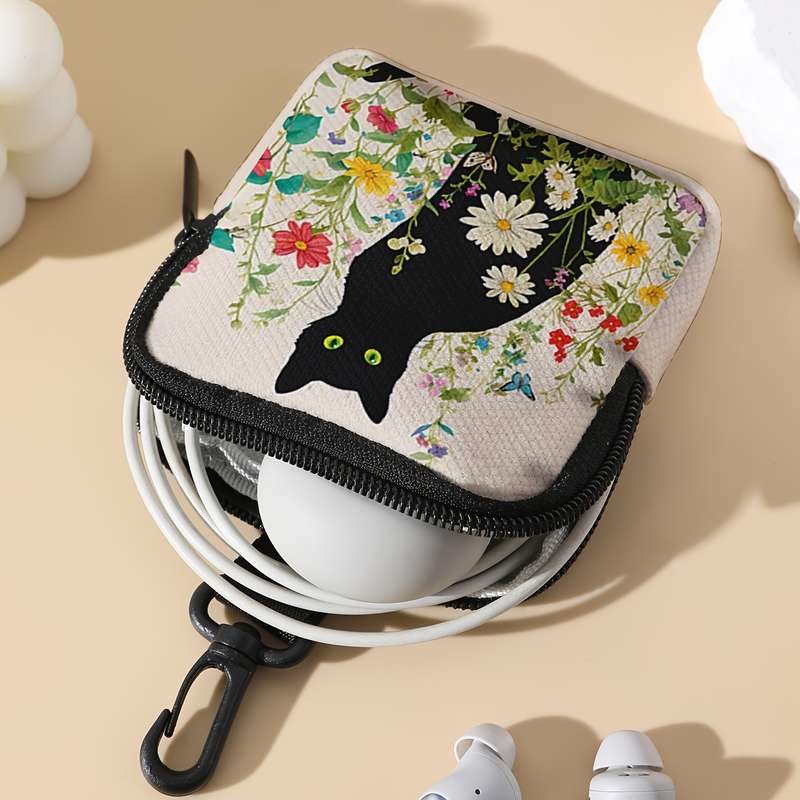 1pc Chic Black Cat Floral Print Coin Purse Spacious Polyester Wallet with Key Holder Ideal Gif