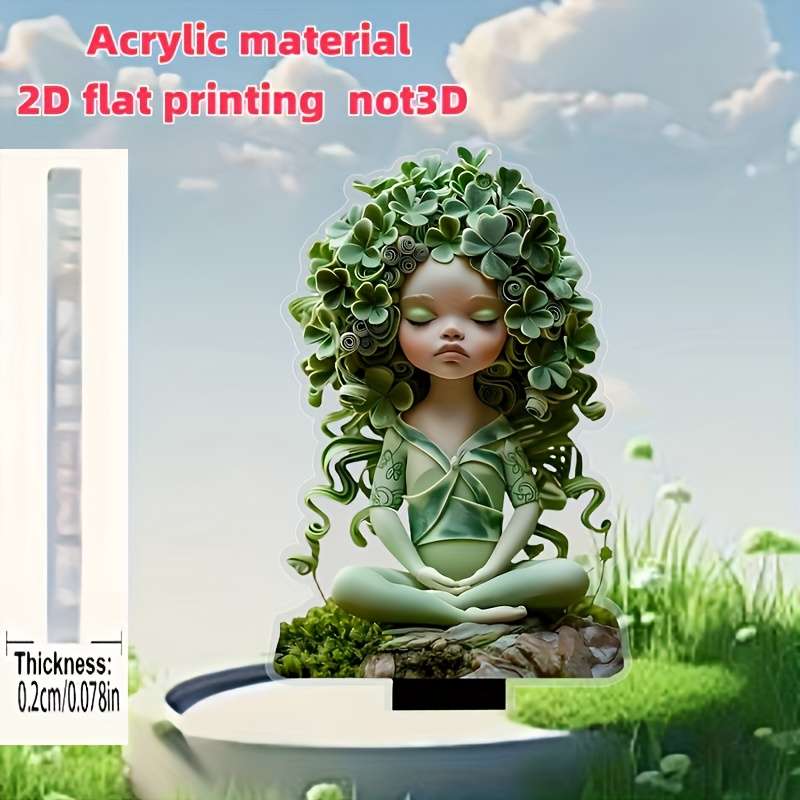 1pc 2D Flat   Bohemian Style Meditation Green Leaf Fairy Acrylic Material 24.99cm x 11.43cm Garde
