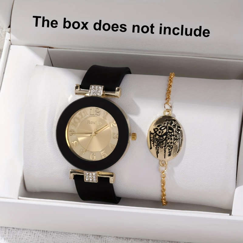 2pcs Elegant Women'S Quartz Watch Bracelet Set Black Golden Middle Eastern Calligraphy Design Classi