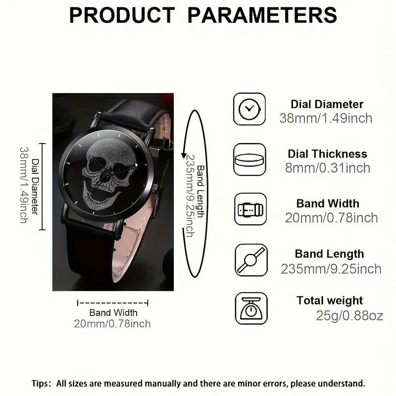 4pcs New Men'S Personalized Skull Pattern Black Quartz Watch Stylish Bracelet Set a Father'S Day Gif