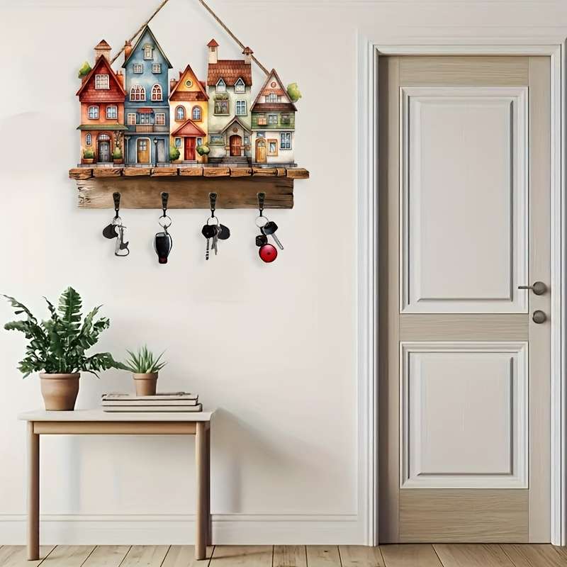 1pc Rustic Wooden Key Hanger with 4 Metal HooksColorful Village Scene Wall Decor 30.0cm x 22.68c