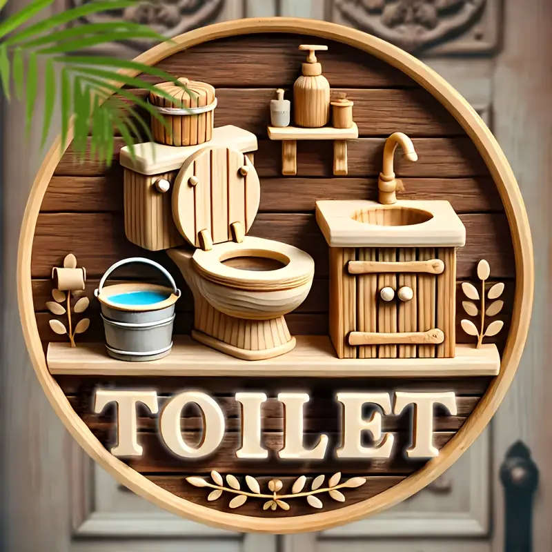 1pc Charming 20.32cm x 20.32cm Wooden Toilet Sign Rustic Bathroom Decor with Toilet Basin Leaf Motif