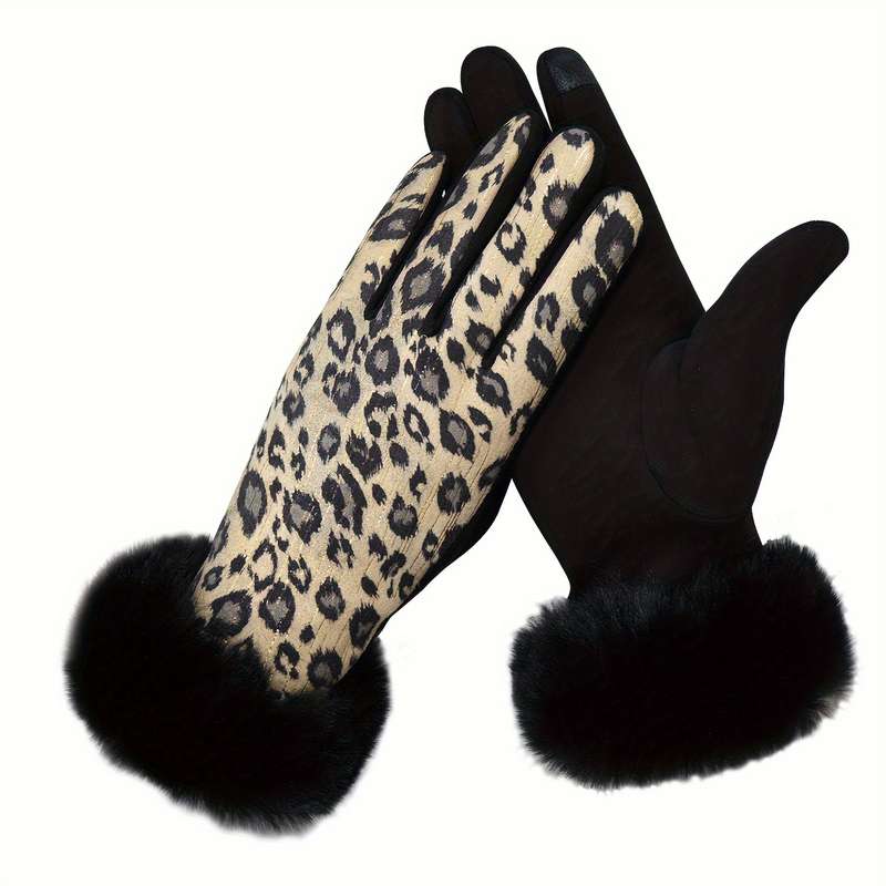 1 Pair Leopard Print Hair Mouth Gray Black Warm Gloves