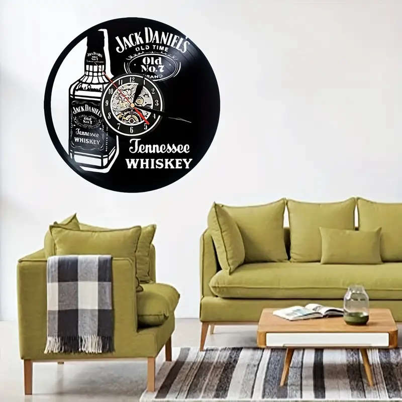 1pc Jack Daniels Vintage Whiskey Themed Silent Wall Clock Round Vinyl Record Design Battery Operated