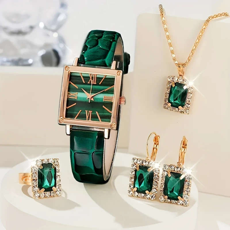 5pcs set Green Quartz Watches with PU Leather Strap Alloy Pointer Alloy Dial and Rhinestone Necklace