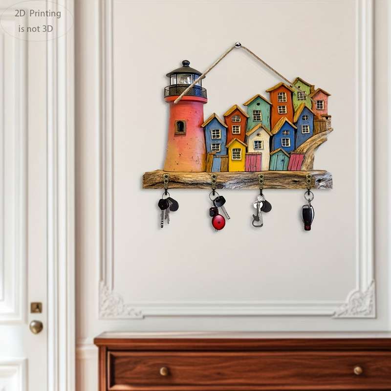 2D Flat 2D flat 1pc seaside cottage and lighthousewooden multi-function home key hanger (29.97c