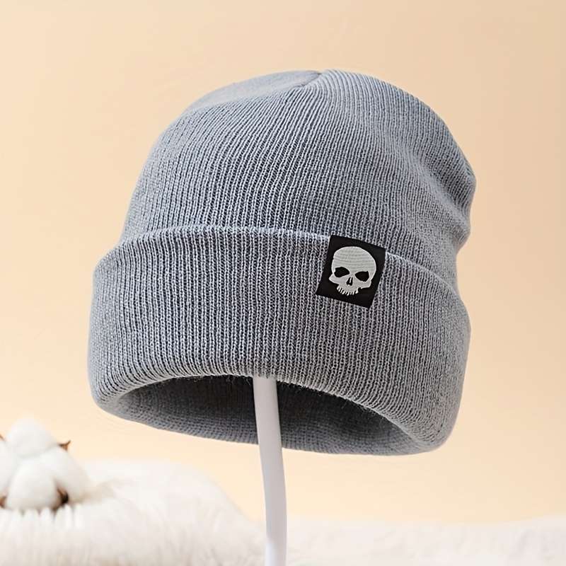 1pc MAKEFGE Skull Logo Knit Beanie Warm Stretchy Acrylic Winter Hat for Men Funky Style Handw