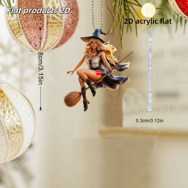 1pc 2D Flat  Princess with Blonde Hair Wearing Witch Hat and Cloak Riding Broom Flying Pendant Made