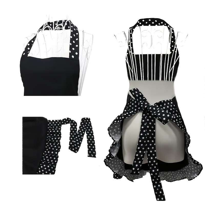 1pc Retro Polka Dot Apron with Ruffle Hem Large Pockets Black and White Vintage Kitchen Ba