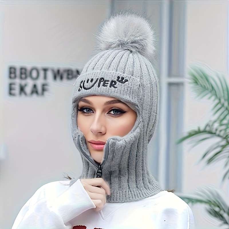 1pc Warm Elastic Knitted Winter Beanie with Pom Pom and Zipper for Women
