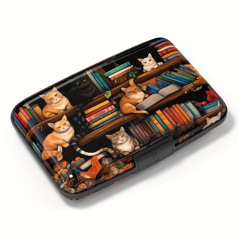 1pc Cat Illustration RFID Blocking Card Holder Wallet for Women C Slim Aluminum Credit Card Case wi