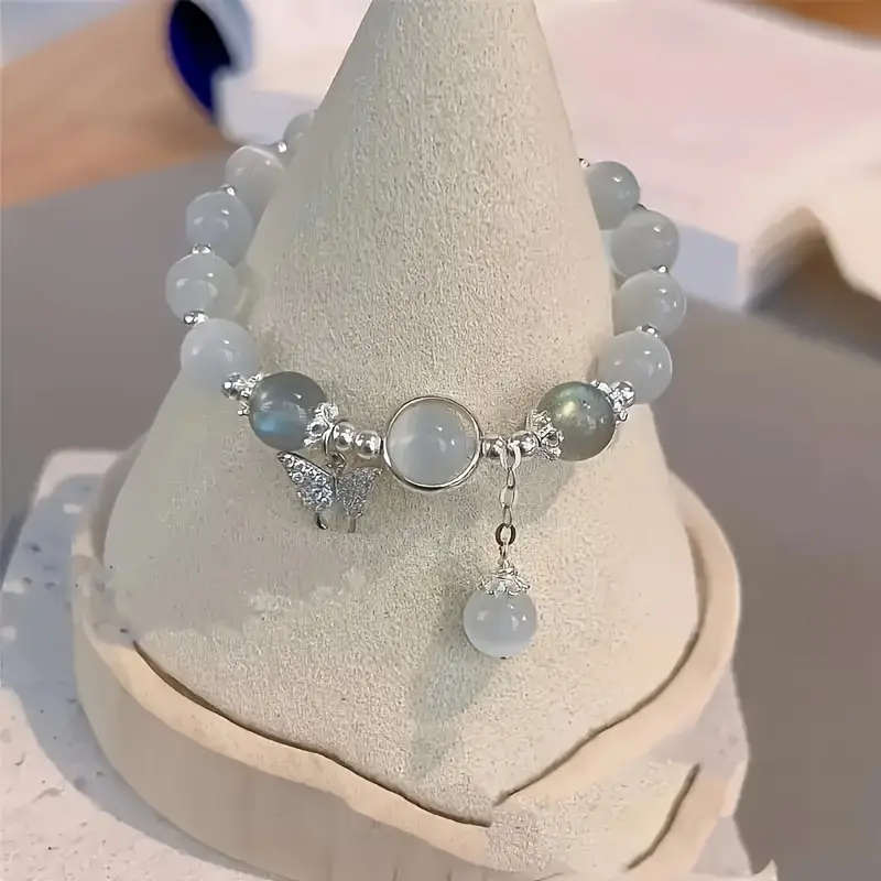 Gray Moonlight Bead Bracelet with Butterfly Pendant