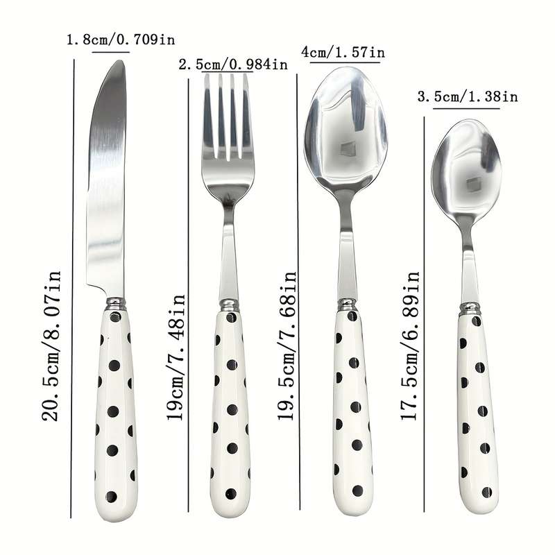 4pcs Stainless Steel Cutlery Set with Polka Dot Ceramic Handles Includes Knife Fork Spoon