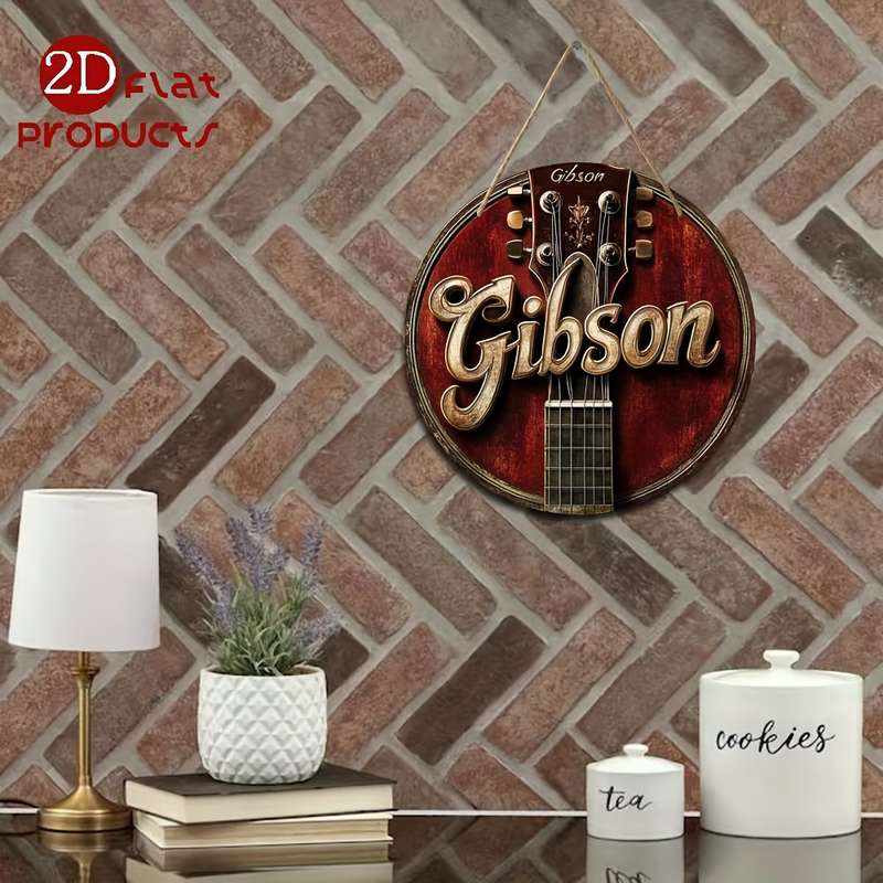 1pc 2D Flat Guitar Theme Round Wooden Sign 8x8in 20x20cm Home Holiday Decorations Suitable for R