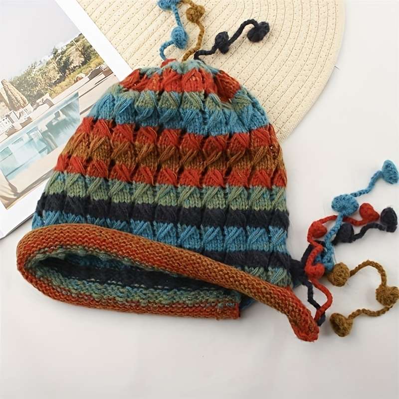 1pc New Autumn and Winter Bohemian Style Handmade Crochet Color Hat Thickened and Warm Dopamine K