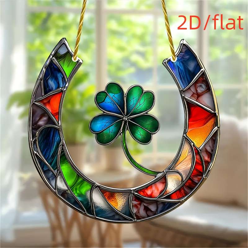 1pc 2D Flat   Flat  Acrylic Sun Catcher Lucky Horse Four-Leaf Clover Design Vibrant Stain