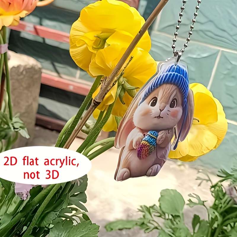 1pc 2D Flat  Adorable Acrylic Bunny Keychain  Design Cute Rabbit with Knit Hat Colorful Yarn