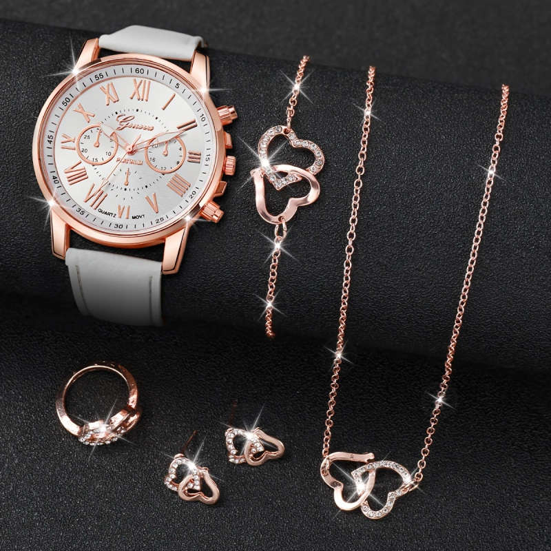 6pcs set Elegant Women'S Quartz Watch with Roman Numerals Dial and Jewelry Set Round Alloy Case PU L