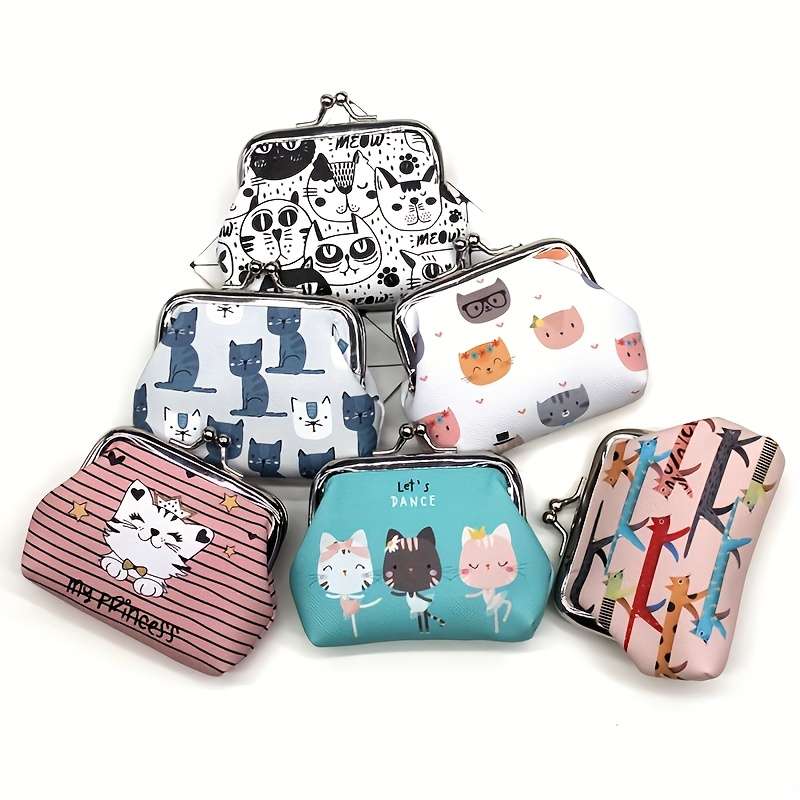 1pc Cute Cat Print Coin Purse Compact Cartoon Wallet for Women PU Material Hand Wash or Dry