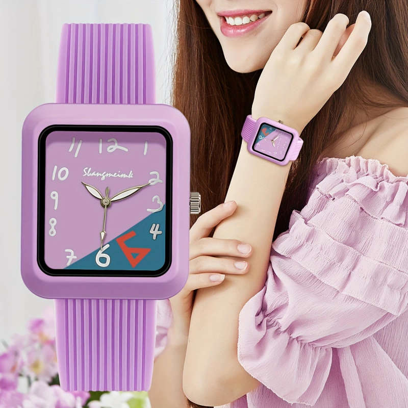 1pc Fashionable Quartz Watch With Striped Silicone Strap Colorblock Dial Rectangular Case Elegant