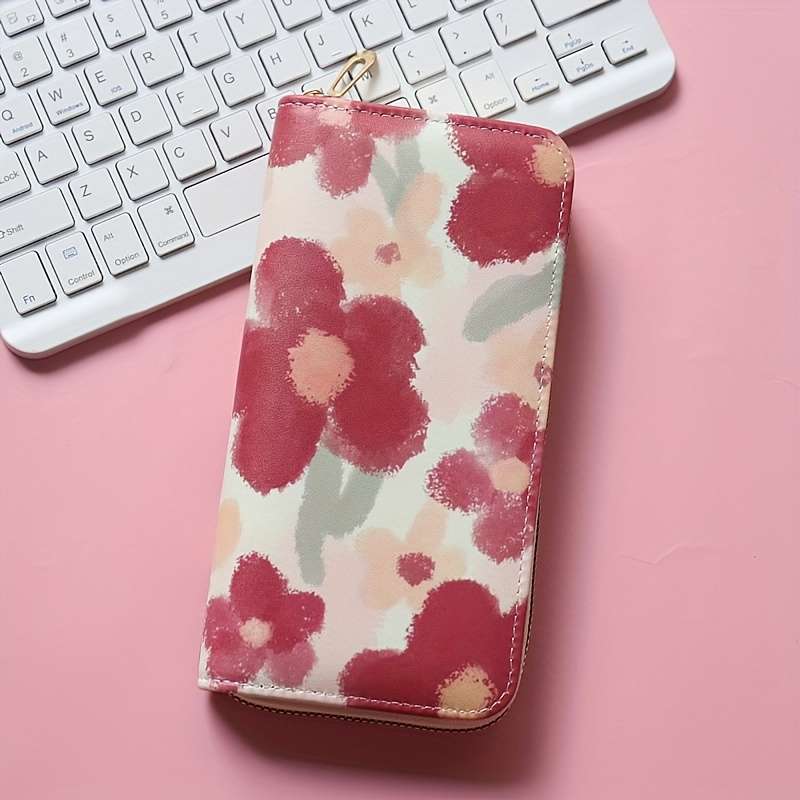 1pc Women'S Floral Print Long Zipper Wallet Large Capacity Synthetic Faux Leather Clutch with Mult