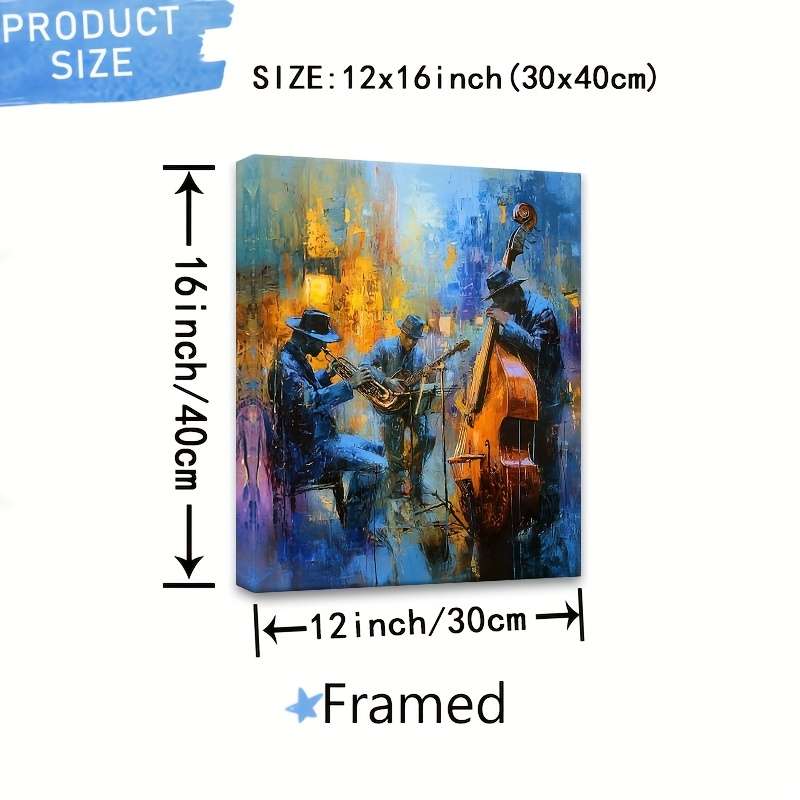 1pc Vibrant Jazz Musicians Canvas Art 30.48x40.64 cm Framed Wall Decor with Wooden Frame Blue