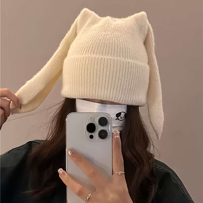 1pc Cozy Knitted Bunny Ears Beanie Hat for Women 100% Acrylic Stretchable Skull Cap with Brea