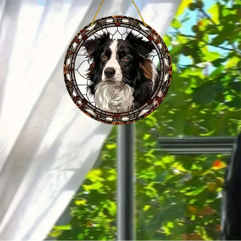 1pc Border Collie Stained Glass Window Sun Catcher Classic Acrylic 20.32x20.32cm Round Wall Hanging
