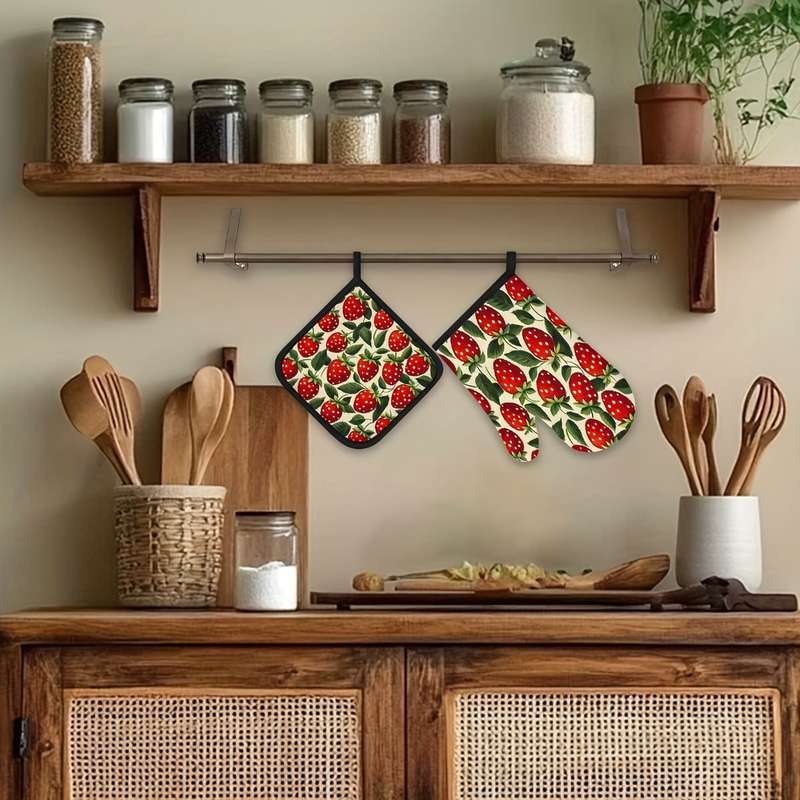 2pcs Vintage Strawberry Kitchen Mitts Pot Holders Set Heat Resistant Microwave Gloves Pa