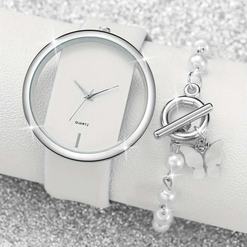 2pcs Set Women'S Fashion Hollow Dial Quartz Wrist Watch and Bracelet Set Round Alloy Case Faux Leath