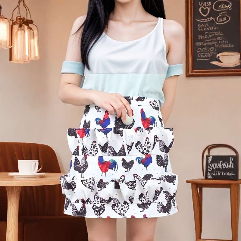 1pc Chicken Print Egg Gathering Apron with Multiple Pockets Durable Polyester Farmhouse Style Ski