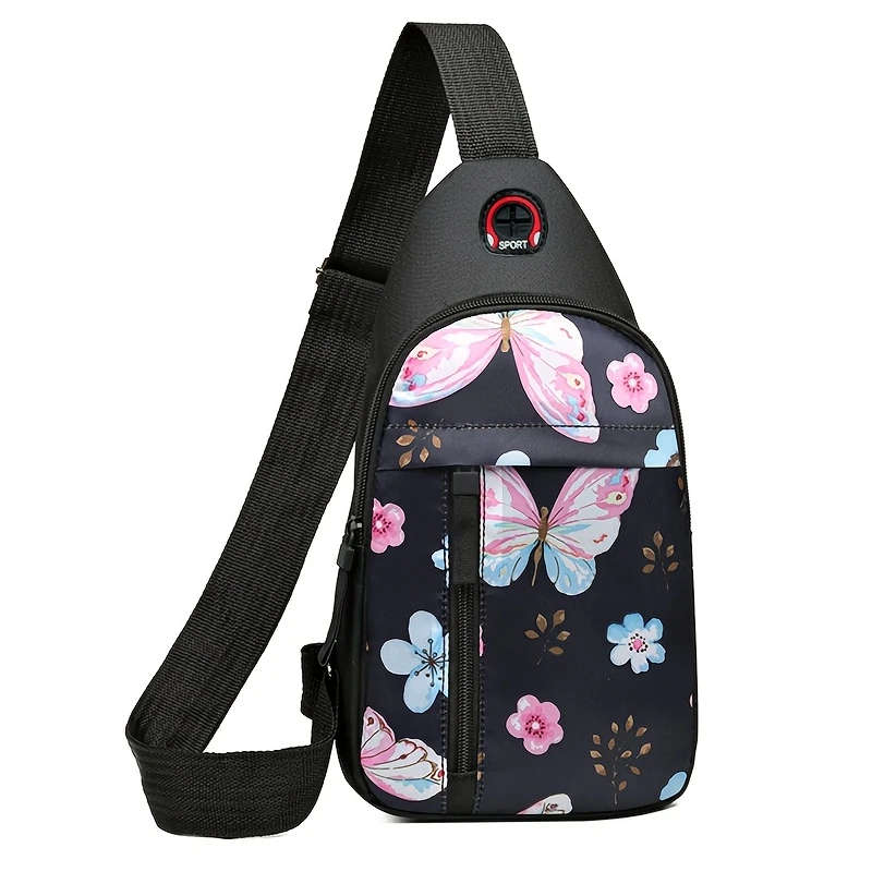1pc Floral Print Womens Crossbody Sling Bag Versatile Nylon Chest Pack with Adjustable Strap Front