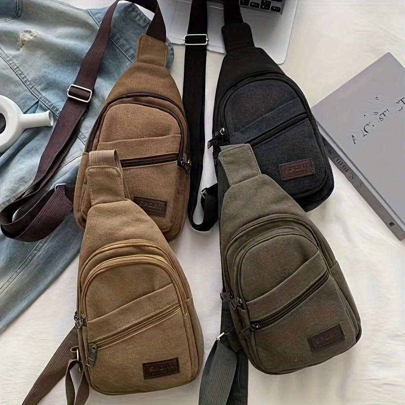 1pc Casual Canvas Men's Chest Bag Multipocket Sling Shoulder Pack with Zipper Closure for Travel Cas