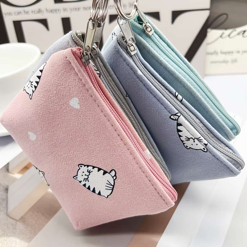 1pc Cute Cat Print Canvas Coin Pouch Portable Fashionable Zipper Wallet with Whimsical Blue